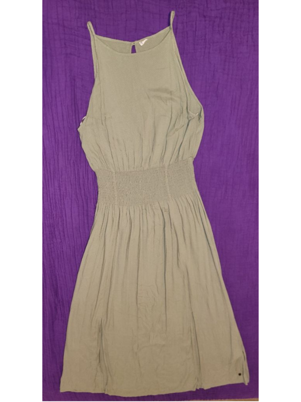 Roxy Get Sexy in Havana Maxi Dress XL Olive Green Halter Smocked Slit 47.5" long